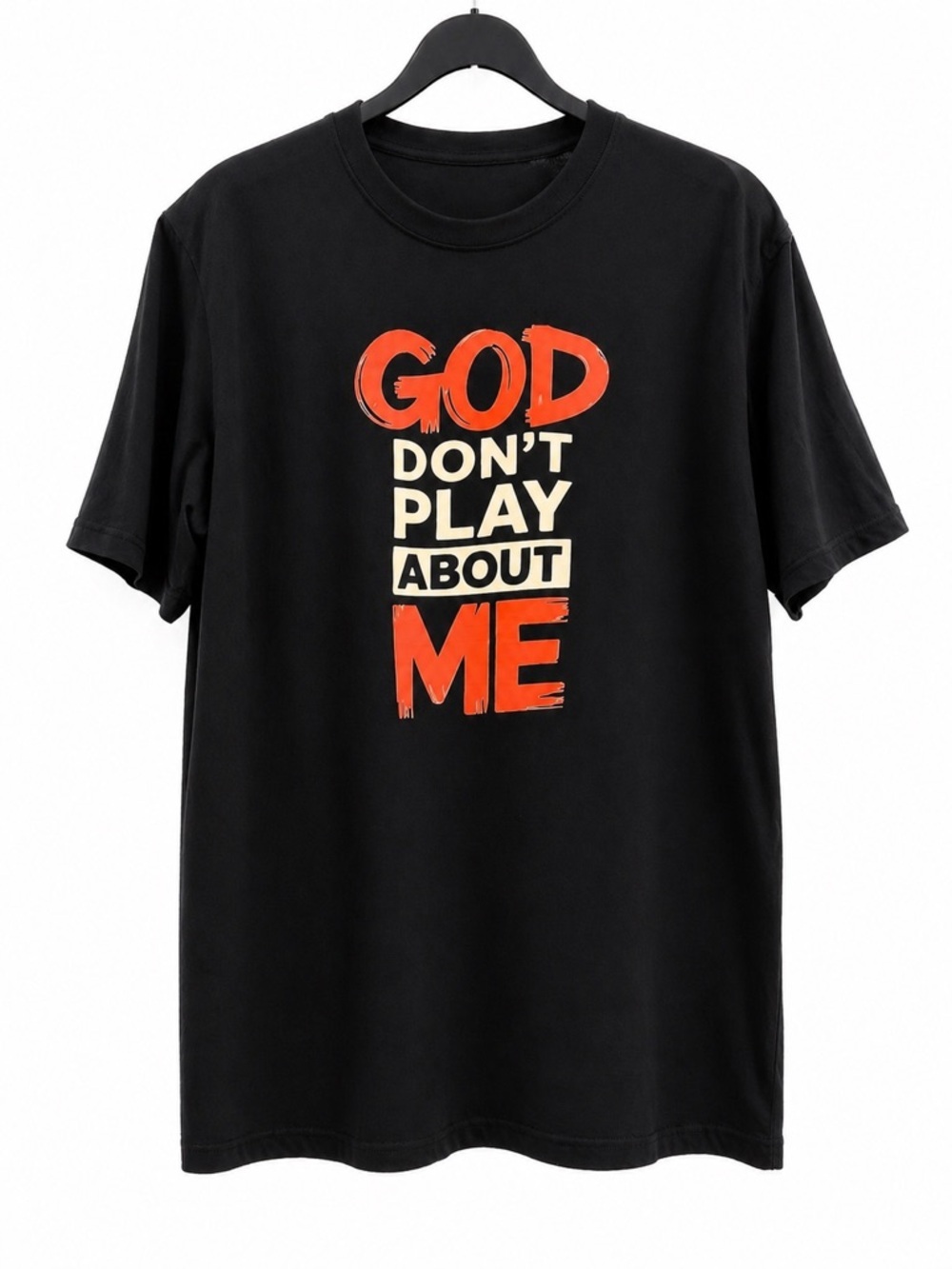 Black Graphic Short Sleeve Tee with Bold Orange & Cream Slogan